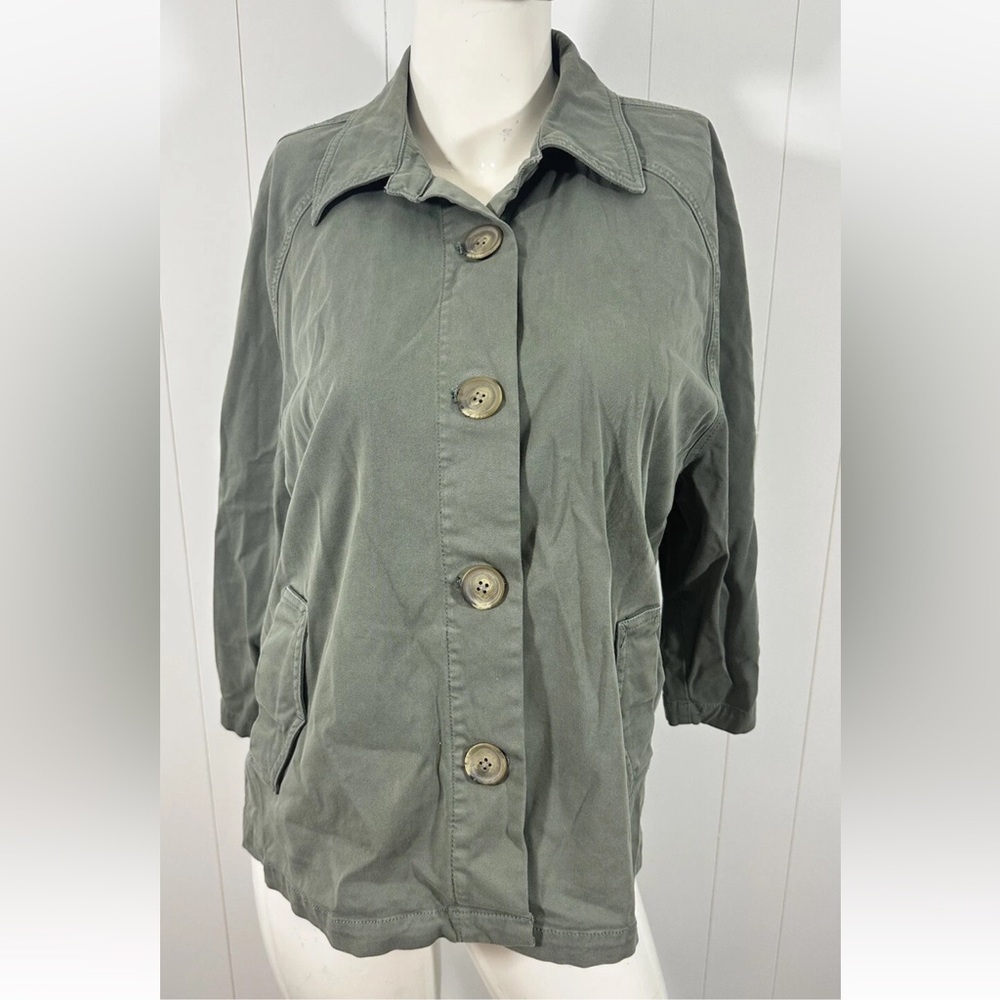 Chicos Womens 3/4 Sleeve Jacket Button Front Casual Sage Green Sz XL (chicos 3)